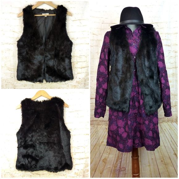 Papaya Faux Fur Vest Juniors L Black Front Hooks V-Neck Boho Rock Chic Mod Punk - Picture 1 of 12
